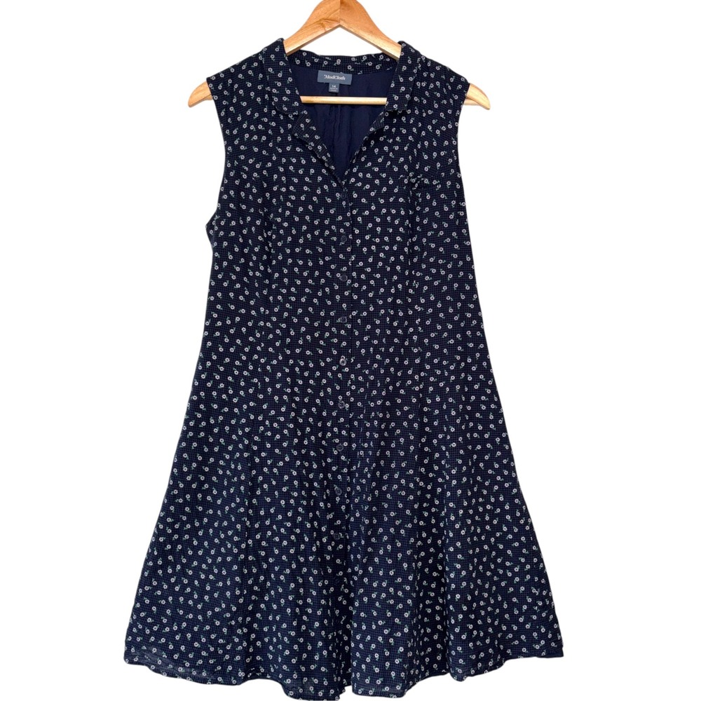 ModCloth Shirt Dress Women Excellent Floral Seersucker Retro Cottagecore 14 Navy